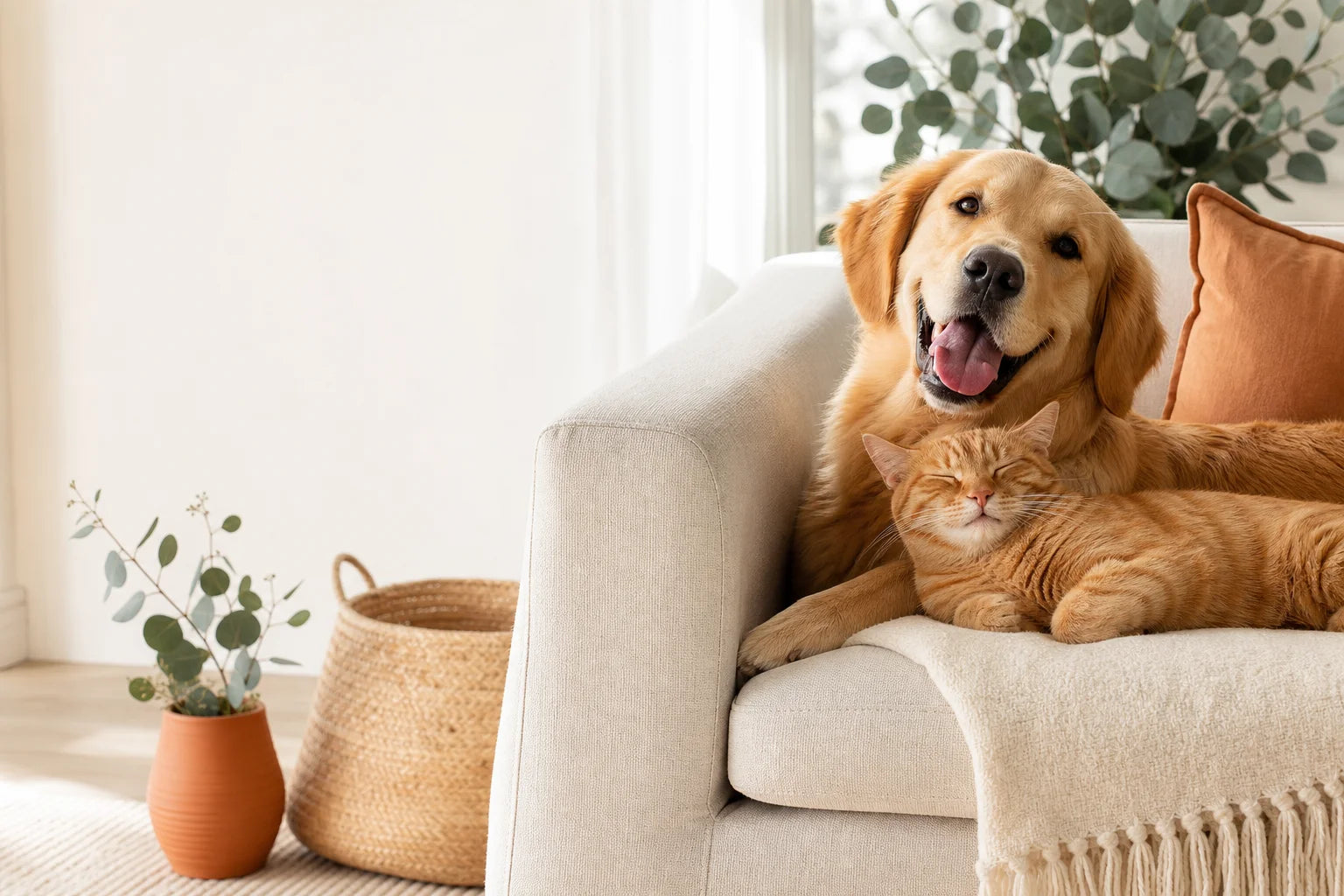 Happy dog and cat relaxing together at home